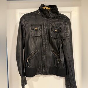 BDG Urban Outfitters Black Faux Leather Bomber Jacket Moto Ribbed
